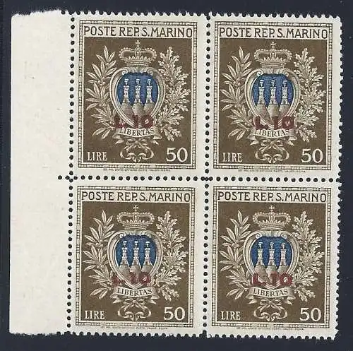 1946 SAN MARINO, Nr. 297 Wappen überdruckt MNH/** QUARTINA BDF