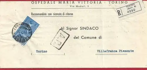 1950 Nr. 619 auf Einschreiben von Turin nach Villafranca