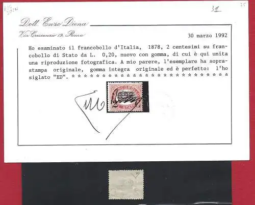 1878 Italien, Nr. 31 Dienst überdruckt postfrisch ** Zertifikat Enzo Diena