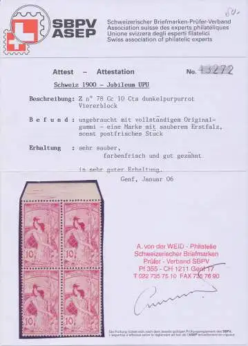 1900 SCHWEIZ, Zumstein 78Cc UPU MNH **, Cert. Von der Weid