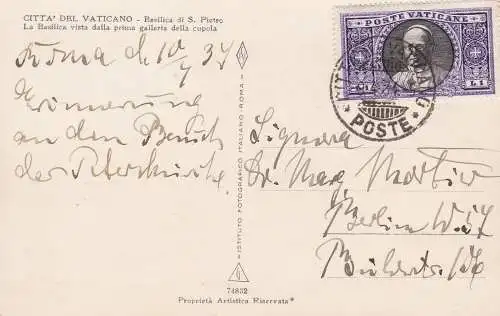 1933 Vatikan, Nr. 28 auf Postkarte 1934 gereist