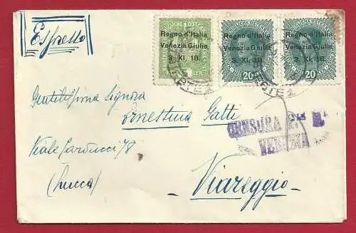 1918 Venezia Giulia, Nr. 2+7 Paar auf Reise-Expressbrief ZENSUR