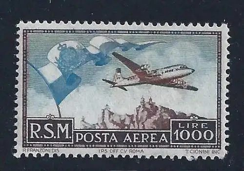 1951 SAN MARINO Luftpost Nr. 99 Flagge MNH ** Centratissimo Cert De Simoni