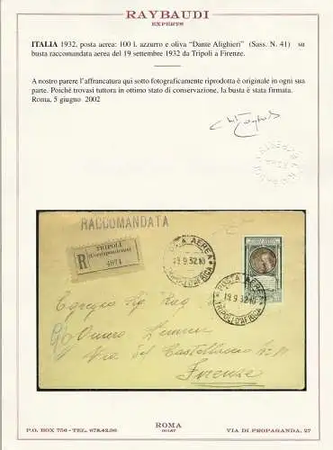 1932 ALLGEMEINE AUSGABEN, PA 14 auf Aerogramm Cert. Raybaudi