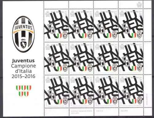 2016 San Marino, Juventus Campione d'Italia 2015-2016 Minifoglio 12v MNH **