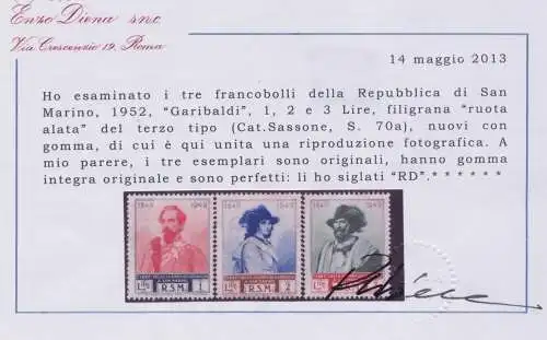 1952 SAN MARINO, Nr. 358/I-360/I, Garibaldi 3 Werte RAD III. TYP, POSTFRISCH**