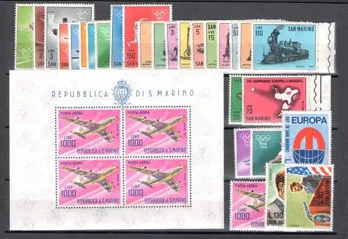 1964 San Marino kompletter Jahrgang, neue Briefmarken, 28 Werte + 1 Zettel (moderne Flugzeuge) - postfrisch **