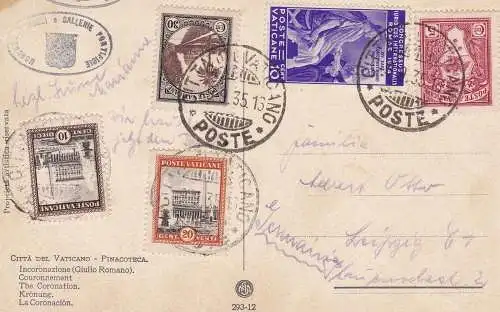 1935 Vatikan, Nr. 42 + weitere Werte auf Postkarte nach Leipzig