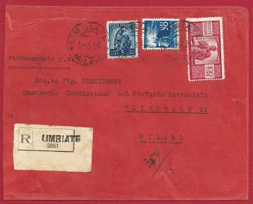 1950 Democratica, 100 + 30 + 15 Lire auf Brief nach Mailand gereist