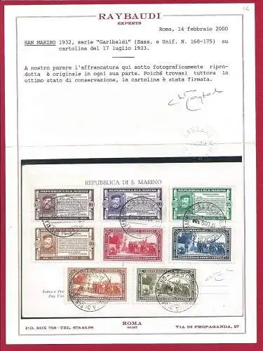 1932 SAN MARINO, Nr. 168/175 Garibaldi komplette Serie auf Postkarte Cert. Raybaudi