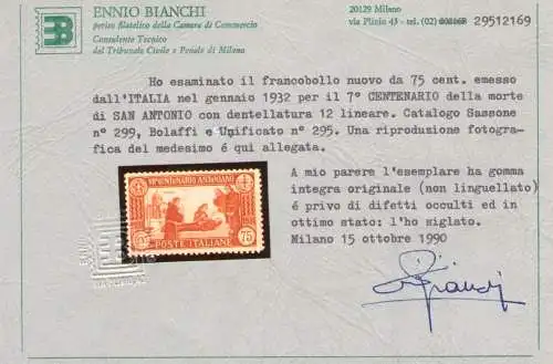 1931 Königreich Italien, Italien, Nr. 299 Sant'Antonio, gezähnt 12 MNH ** Zertifikat Ennio Bianchi