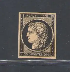 1849 FRANKREICH, Yvert Nr. 3, 20 Cent schwarz, ungezähnt, MH*