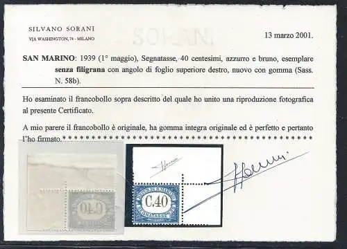 1939 SAN MARINO, Steuer Nr. 58b - 40 Cent hellblau und braun - ohne Wasserzeichen - postfrisch ** Zert. Sorani - Bogenwinkel