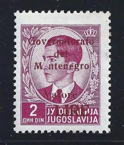 1942 MONTENEGRO, Nr. 52c, 2 Din rosa lila, Aufdruck M ntenegro MLH* RAR Abkürzung A.Diena und Raybaudi