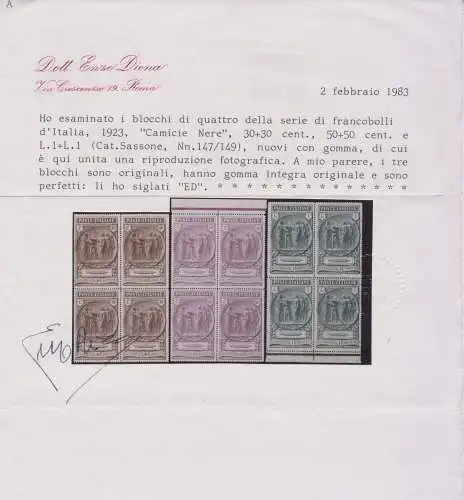 1923 Königreich Italien, Nr. 147/149, Schwarze Hemden, postfrisch ** QUARINA, Zertifikat Enzo Diena