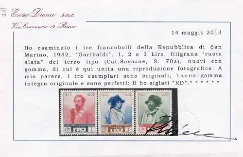 1949 SAN MARINO, Nr. 358/I-360/I, 3 Werte Wasserzeichen Rad III, MNH ** Diena Zertifikat