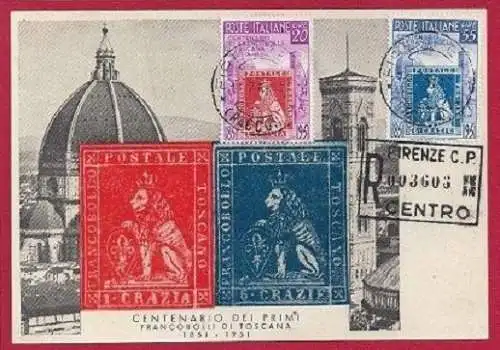 1951 100. Briefmarken der Toskana Nr. 653-654 auf Postkarte Stempel Florenz