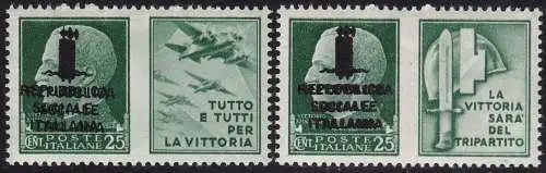 1944 Italienische Sozialrepublik, Kriegspropaganda Nr. 27b/28b Doppelaufdruck Signaturen Oliva