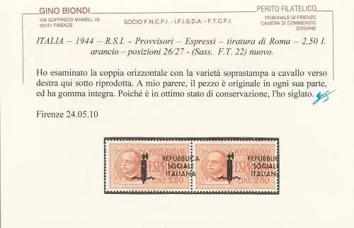 1944 Italienische Sozialrepubblica, Espressi Lire 2,50 Tiratura di Roma n. 22gab+gaa Zertifikat Blond