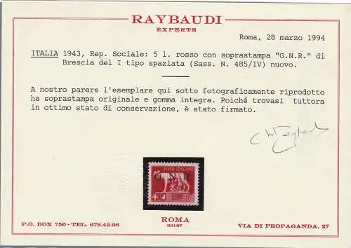 1943 Italienische Sozialrepublik, Nr. 470/A-485/A Drei-Werte-Serie mit VOLLGUMMI Raybaudi GOLD zertifiziert