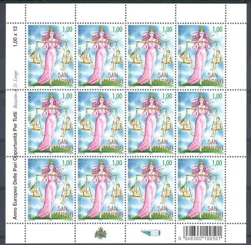 2007 San Marino, Chancengleichheit, Nr. 2165 - Kleinbogen 12 Werte mit Barcode, postfrisch **