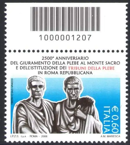 2008 Italienische Republik Barcodes Tribuno della Plebe 1 Val Barcode Nr. 1207 MNH **