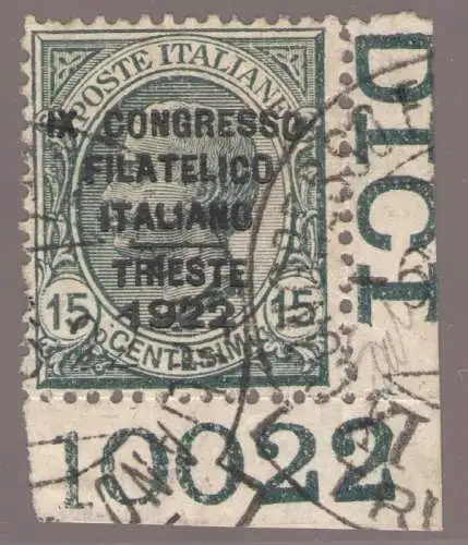 1922 Italien Königreich Italienischer Philatelistischer Kongress Triest 15 Cent grau, Nr. 124 Tafelnummer gebraucht RAR