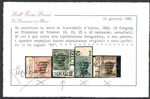 1922 Italien Königreich Italienischer Philatelistischer Kongress Triest 15 Cent grau, Nr. 124 Tafelnummer gebraucht RAR