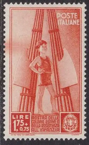 1937 Königreich Italien - Nr. 143 Sommerkolonien 1,75 + 75c. orange MNH ** SORTE FARBSTREIFEN