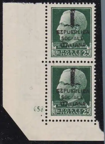 1944 RSI, Nr. 491 25 Cent. grün MNH/** VERTIKALES PAAR MIT TISCHNUMMER