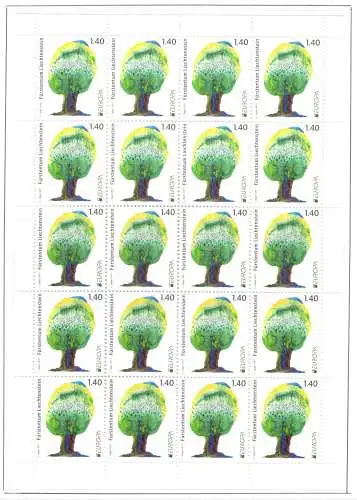 2011 EUROPA CEPT Liechtenstein 1 Kleinbogen mit 20 Werten, Die Wälder, postfrisch**