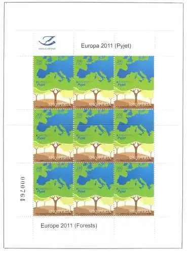 2011 EUROPA CEPT Albanien, 1 Kleinbogen von 9 Serien, Le Foreste, postfrisch **