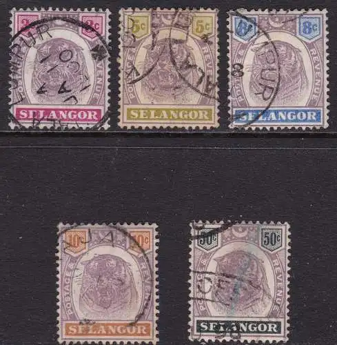 1895-99 SELANGOR, SG Nr. 54/57+59 Tiger 5 Val. GEBRAUCHT