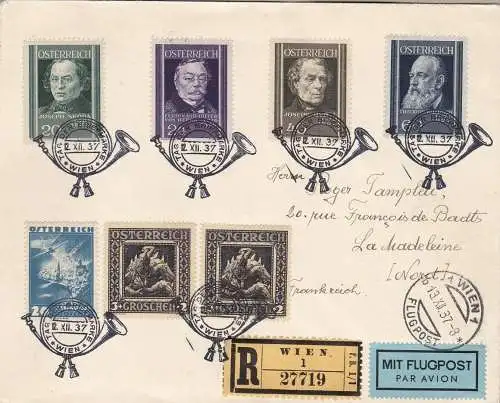 1937 ÖSTERREICH, Luftpost - Nr. 506/514 die komplette Serie auf Einschreiben für die Luftpost