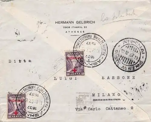 1937 GRIECHENLAND Nr. 421 3d. braun gelb vierteljährig auf Brief nach Mailand (Posta Aerea)