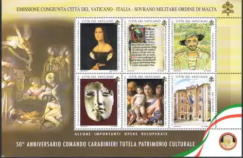 2019 Vatikan - Blatt 50. Jubiläum des Carabinieri-Kommandos Schutz des Kulturerbes - Gemeinsame Ausgabe Vatikan - Italien - Smom MNH **