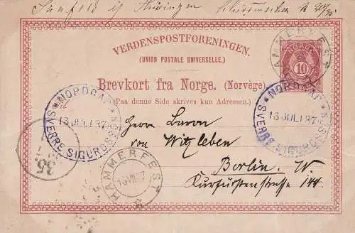 1887 NORWEGEN, Ganzsache mit Stempel des SS-Motorschiffes Sverre Sigurdsson