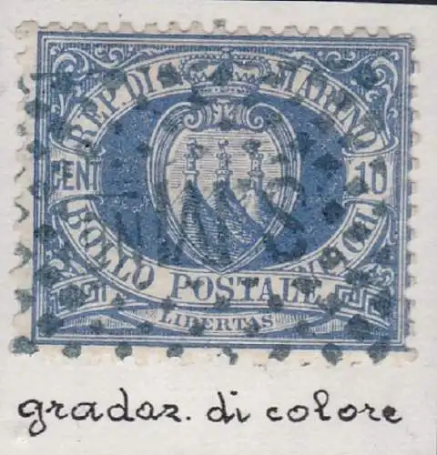 1877 SAN MARINO, Nr. 3 5c. su 10c. GEBRAUCHT SCHÖNE FARBABSTUFUNG