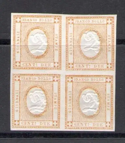 1862 Italien, Nr. 10 - 2 Cent Bistro, Prägeziffer, Viererblock - postfrisch **