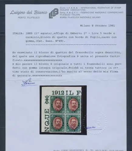 1889 Italien, Nr. 49, Umberto I - 5 Lire karmingrün, postfrisch **