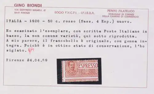 1903 Italien, Espresso, Nr. 4, 50 Cent rot, Sorte der Spitze, postfrisch **