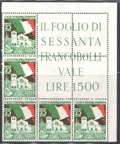 1952 Italien, Republik, Eckblock Messe Triest Nr. 17, postfrisch **