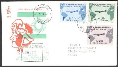 1961 Italia, Busta Venetia n. 177/de, Gronchi Südamerika, Viaggiata per Savona