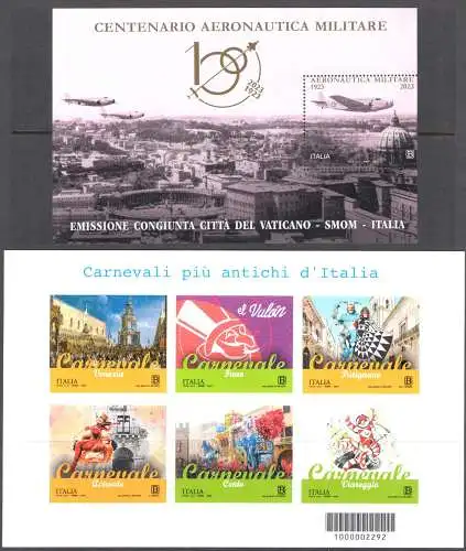 2023 Italia Centenario Aeronautica Militare + Carnevali d'Italia - Foglietti - Nuovi, MNH **