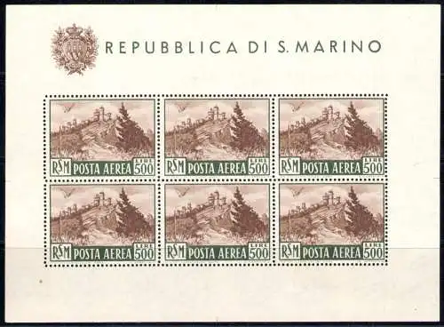 1951 SAN MARINO, Ansichtsblatt 500 Lire Bruno, Nr. 12 - Wunderschön ohne Falten - MNH ** Zertifikat Enzo Diena