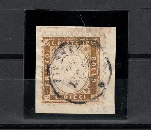 1862 Italien, Vittorio Emanuele II, 10 Cent Bistro oliv, gebraucht auf Fragment