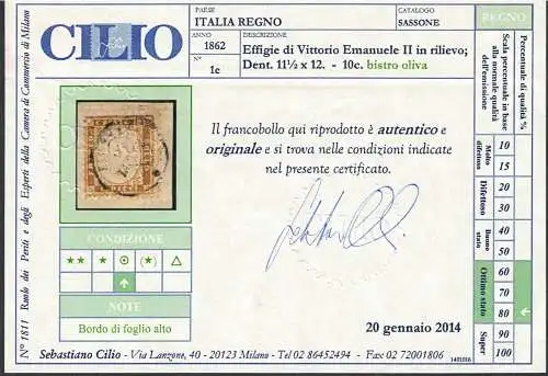 1862 Italien, Vittorio Emanuele II, 10 Cent Bistro oliv, gebraucht auf Fragment