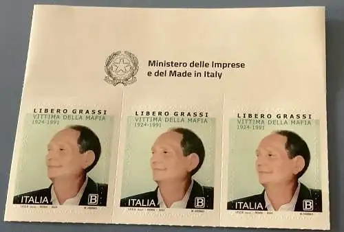 2024 Italien - Libero Grassi, Opfer der Mafia, Block von 3 MNH **