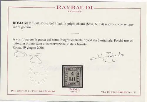 1859 Romagna, Prova del 4 Baj (P4) AUSGESTELLT OHNE GUMMI Raybaudi Zertifikat