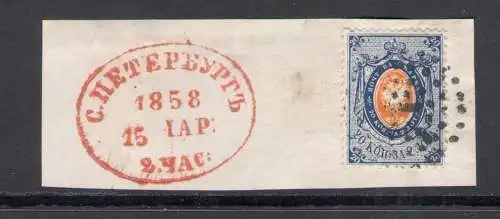 1858 RUSSLAND Yvert e Tellier Nr.3 20 Kopeken hellblau und orange Zertifikat Diena